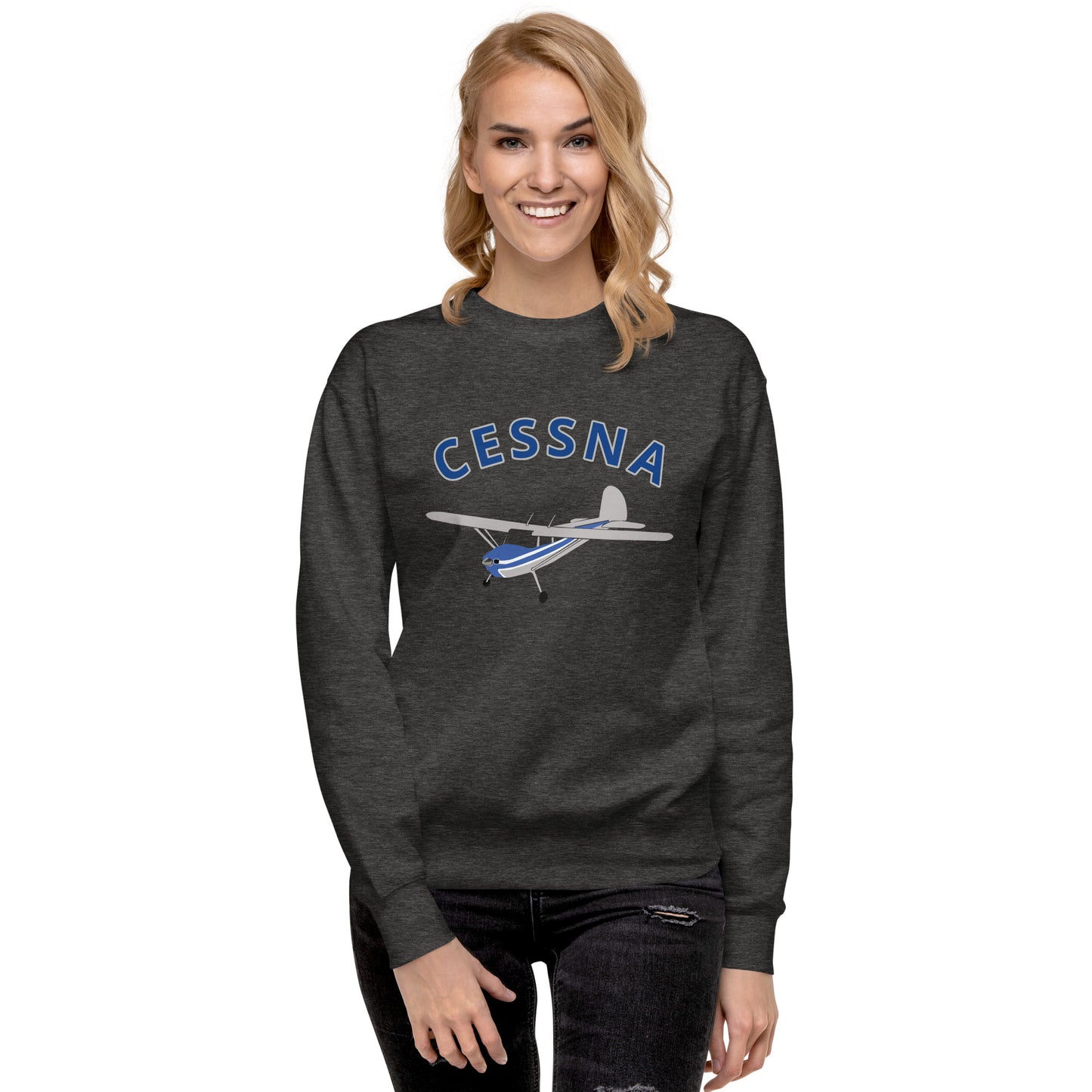 CESSNA 140 Polished grey -Blue Printed Unisex Cozy Fleece Aviation Premium Sweatshirt