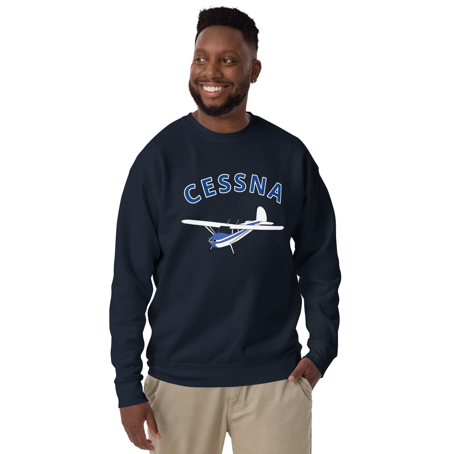 CESSNA 140 White-Blue Printed Unisex Cozy Fleece Aviation Premium Sweatshirt