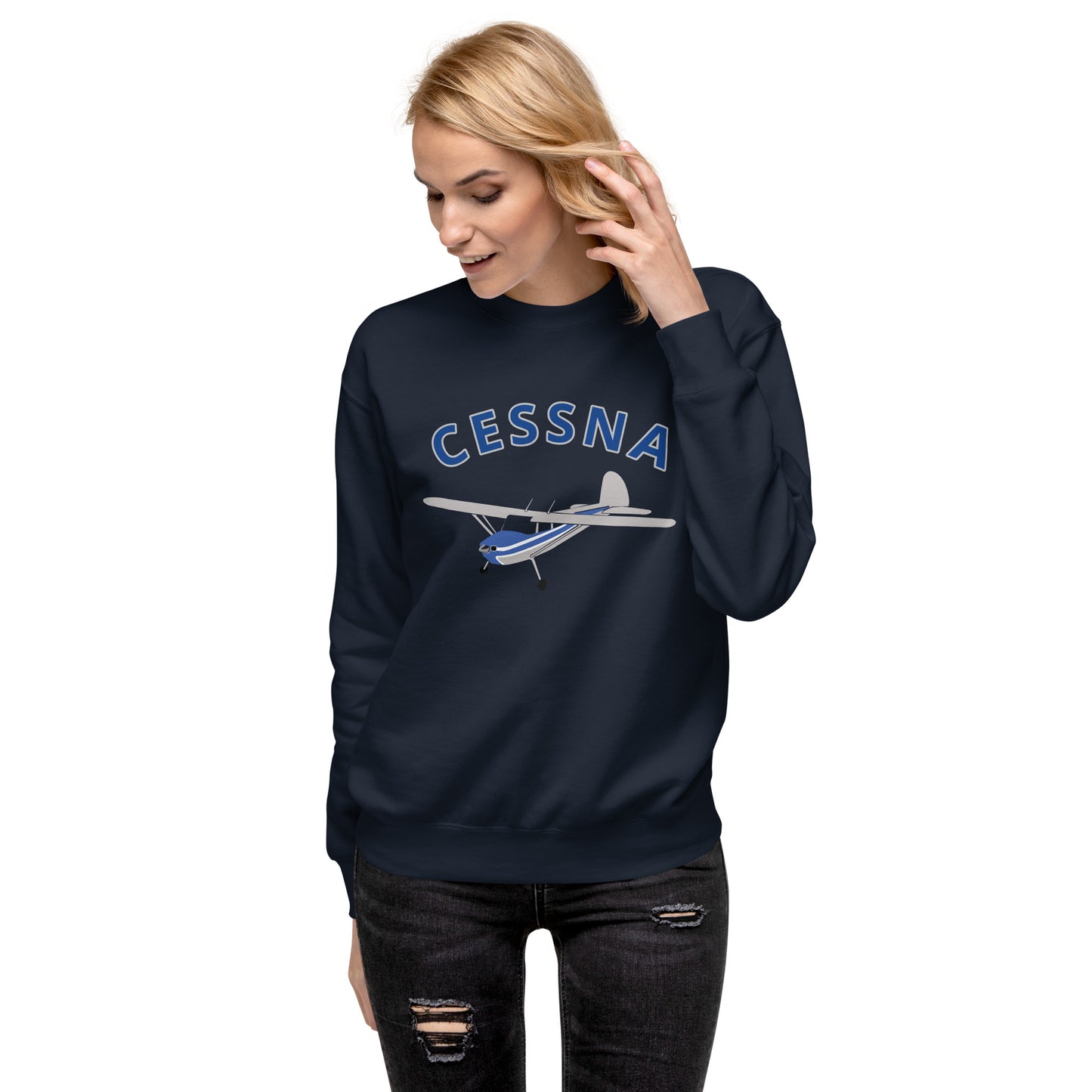 CESSNA 140 Polished grey -Blue Printed Unisex Cozy Fleece Aviation Premium Sweatshirt