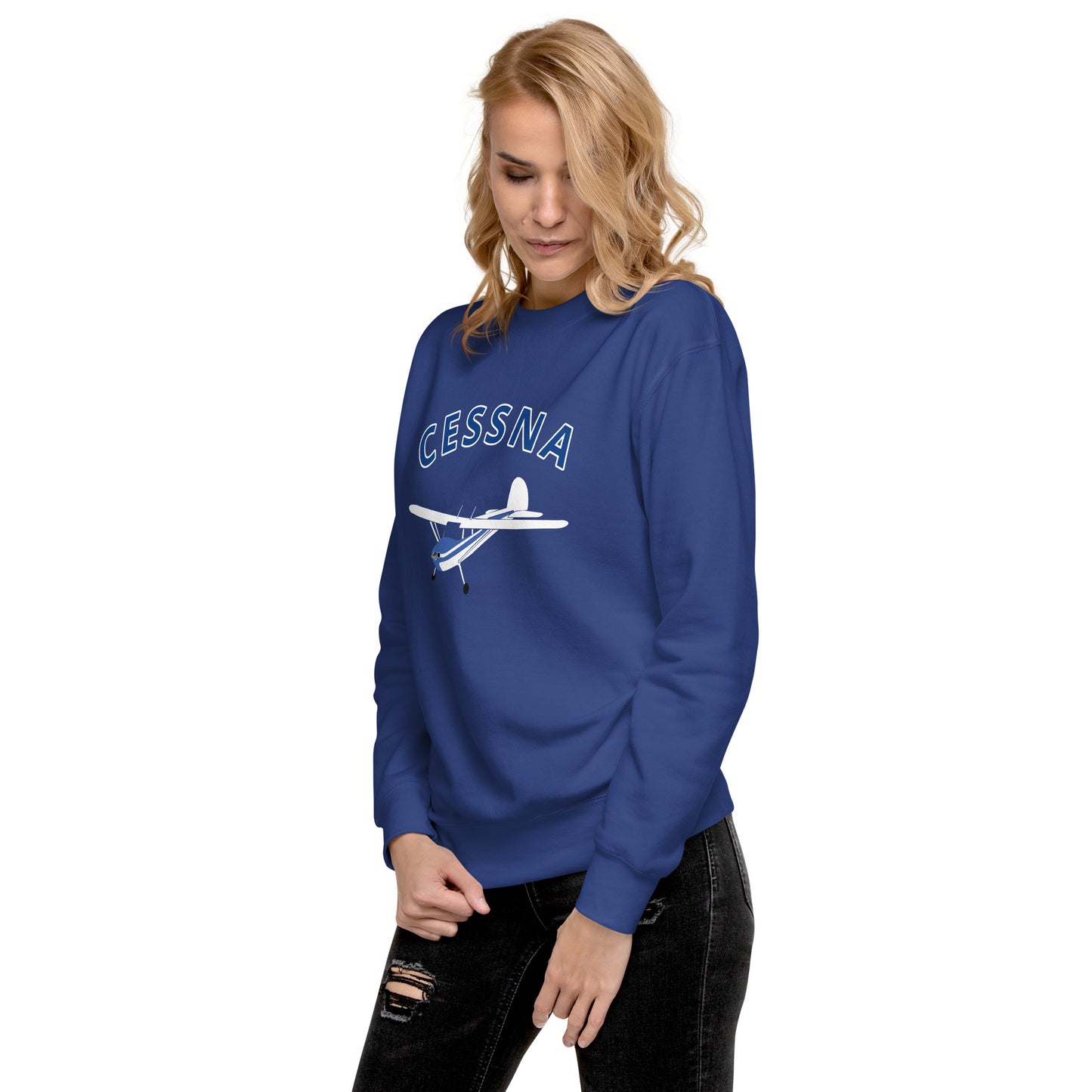 CESSNA 140 White-Blue Printed Unisex Cozy Fleece Aviation Premium Sweatshirt