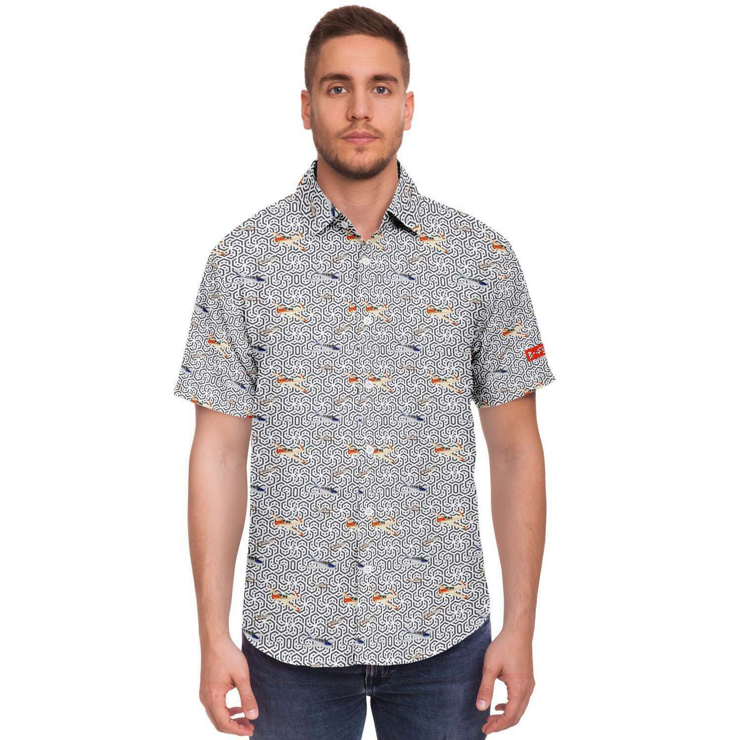 Bonanza Aircraft Aviation geometric background poplin feel- Short-sleeve button-down shirt