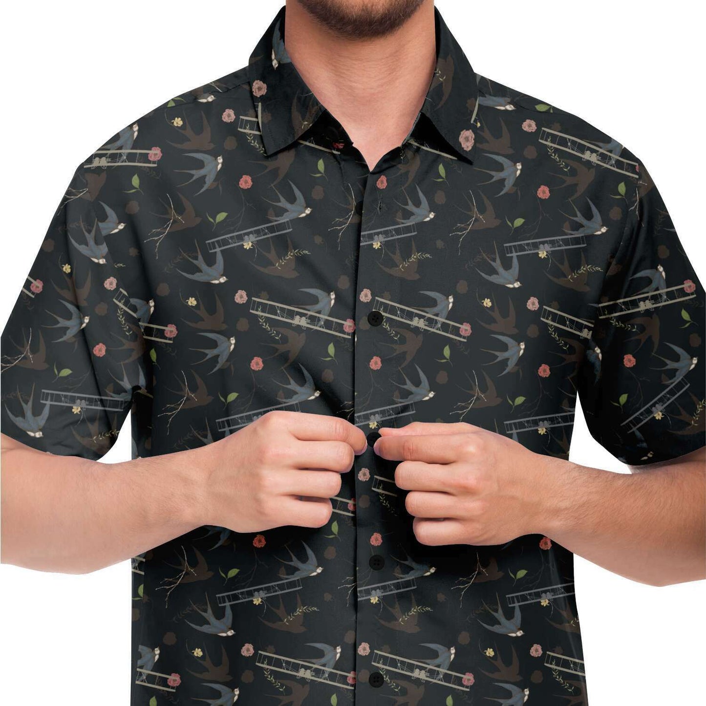 Vintage Aviation First Flight and Sparrow background all over print poplin feel- Short-sleeve button-down shirt