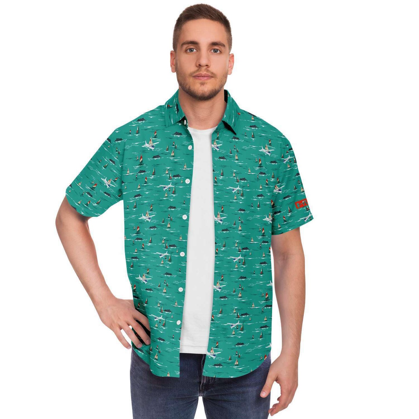 Cessna 172 Aviation Summer sailboats- Short-sleeve button-down shirt