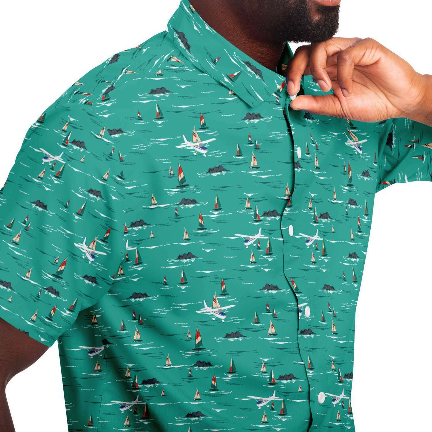 Cessna 172 Aviation Summer sailboats- Short-sleeve button-down shirt