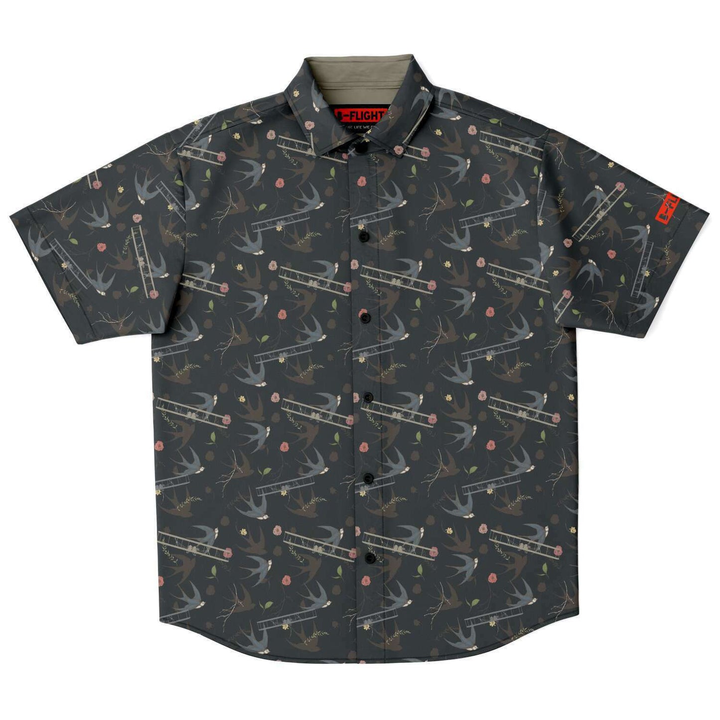 Vintage Aviation First Flight and Sparrow background all over print poplin feel- Short-sleeve button-down shirt