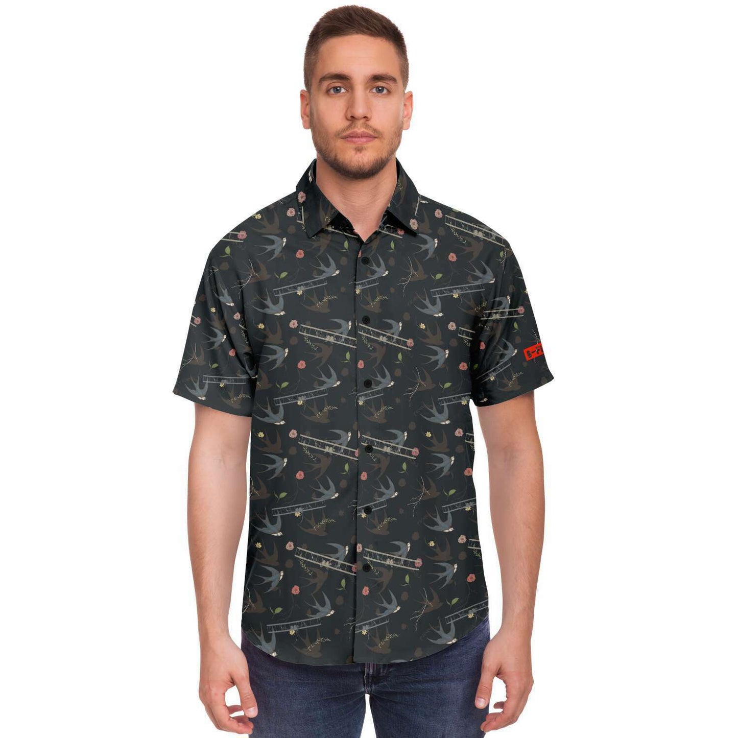 Vintage Aviation First Flight and Sparrow background all over print poplin feel- Short-sleeve button-down shirt