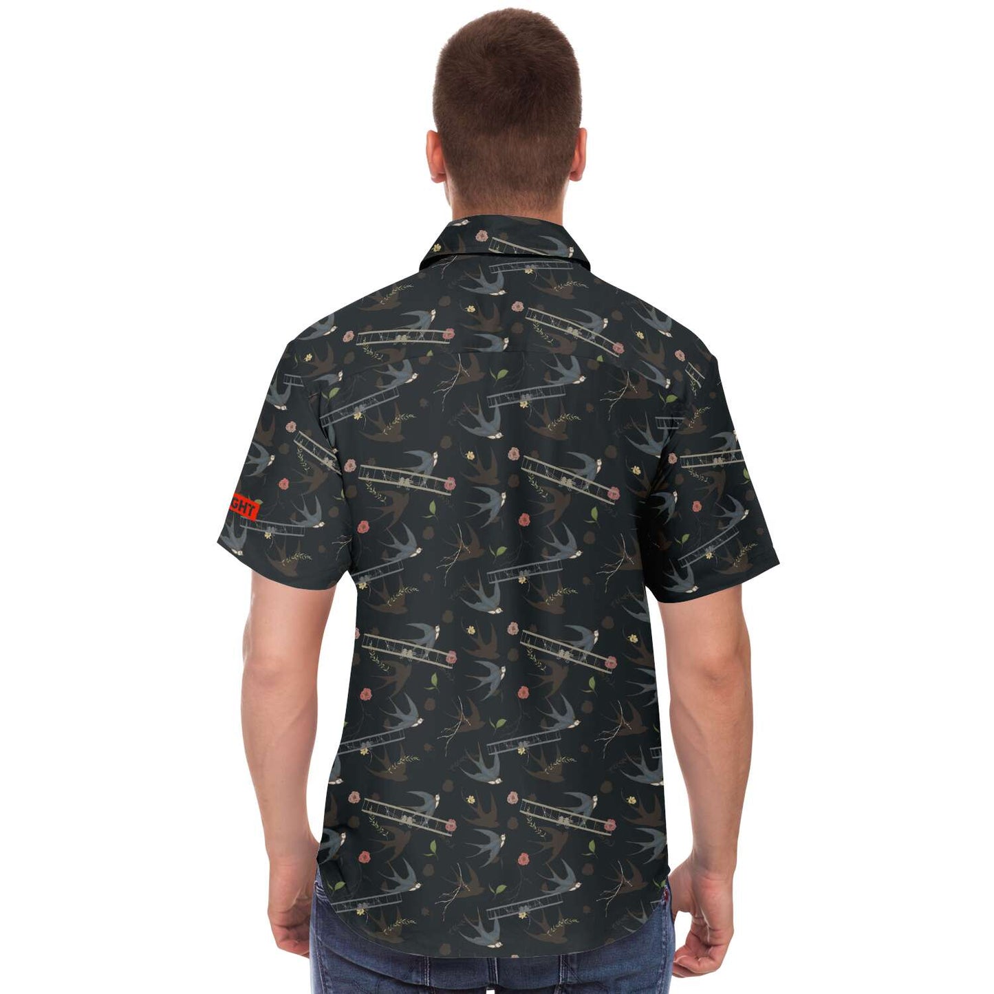 Vintage Aviation First Flight and Sparrow background all over print poplin feel- Short-sleeve button-down shirt