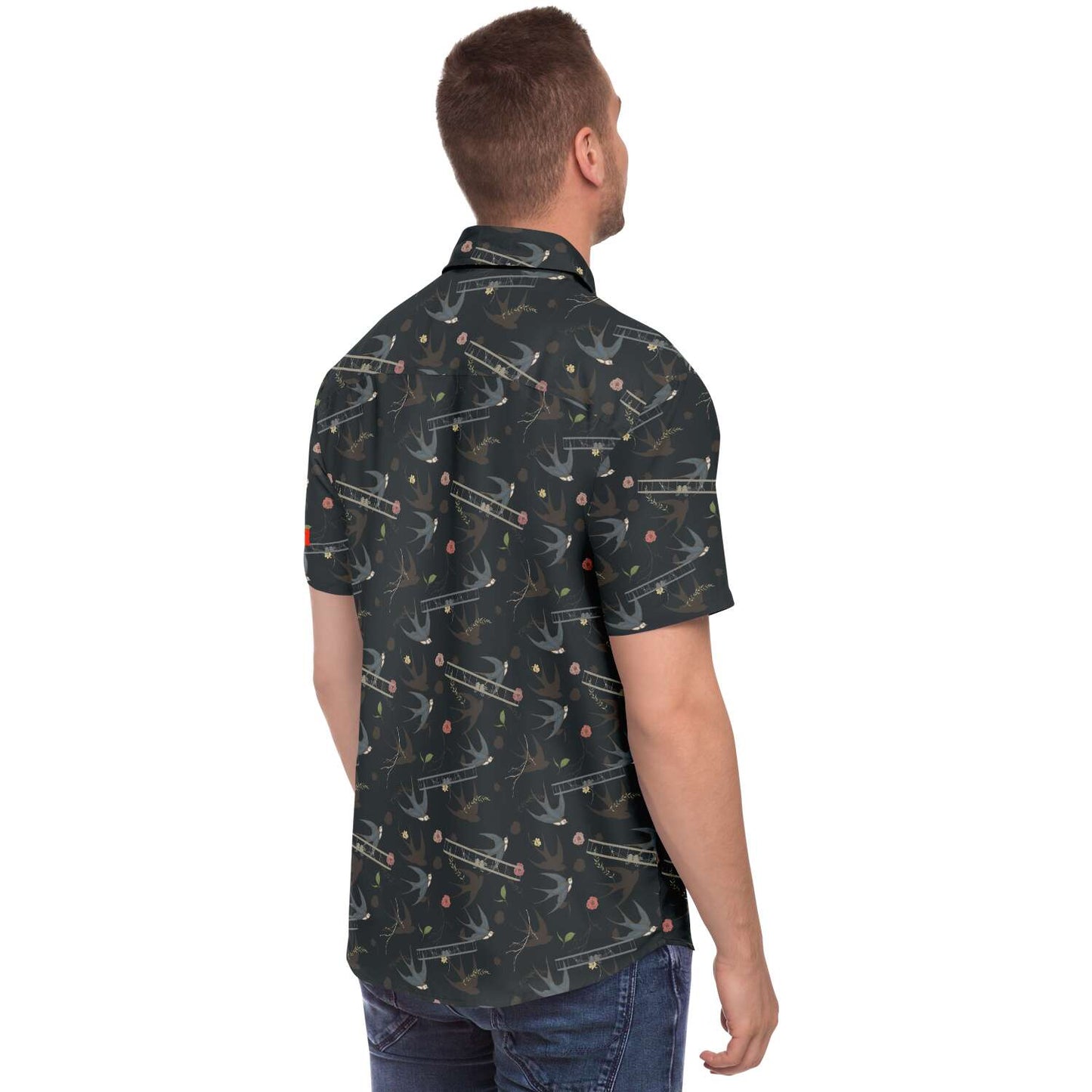 Vintage Aviation First Flight and Sparrow background all over print poplin feel- Short-sleeve button-down shirt