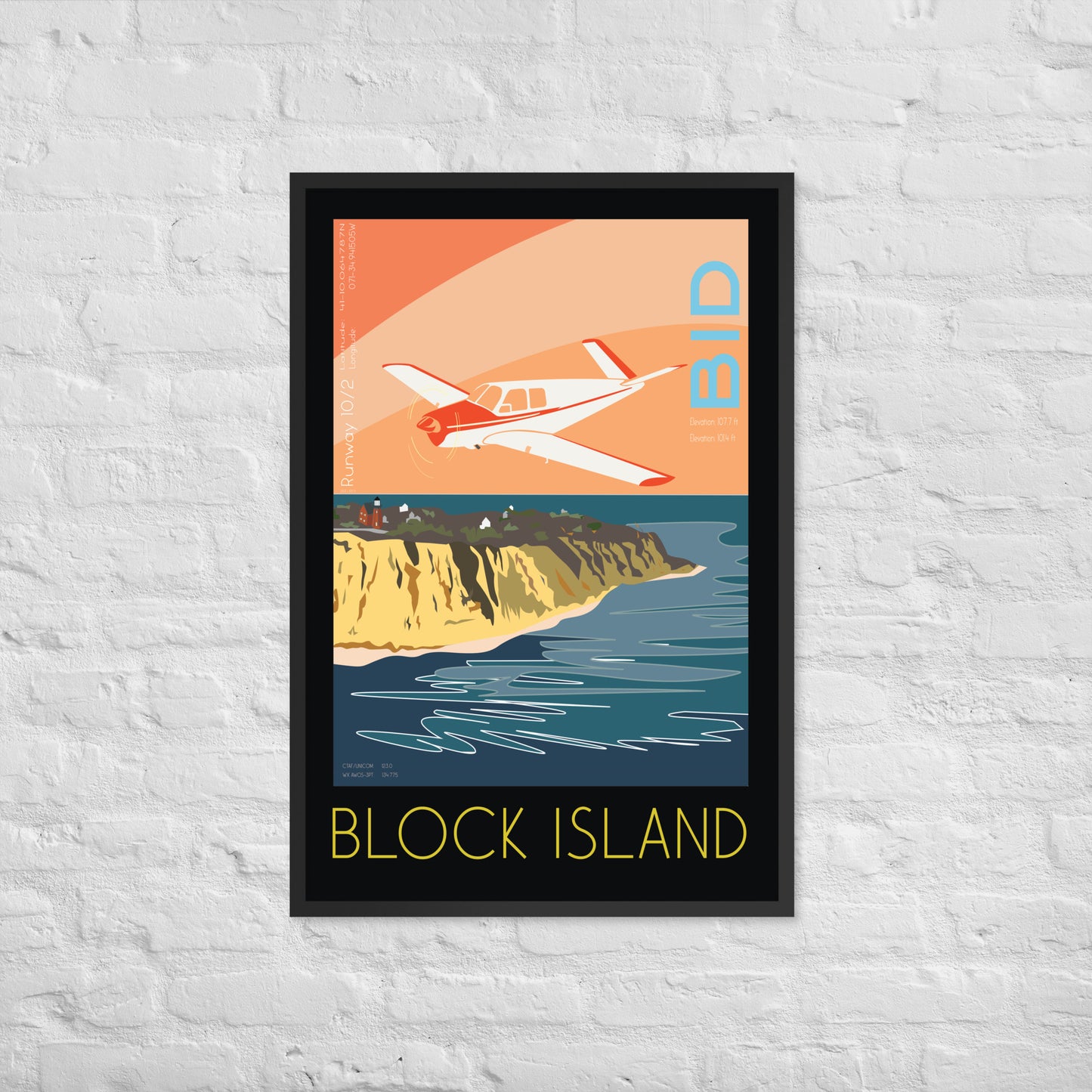 Framed poster 36x24 inch - Block Island Airport, RI  V-Tail BONANZA - Vintage Aviation Retro Graphic