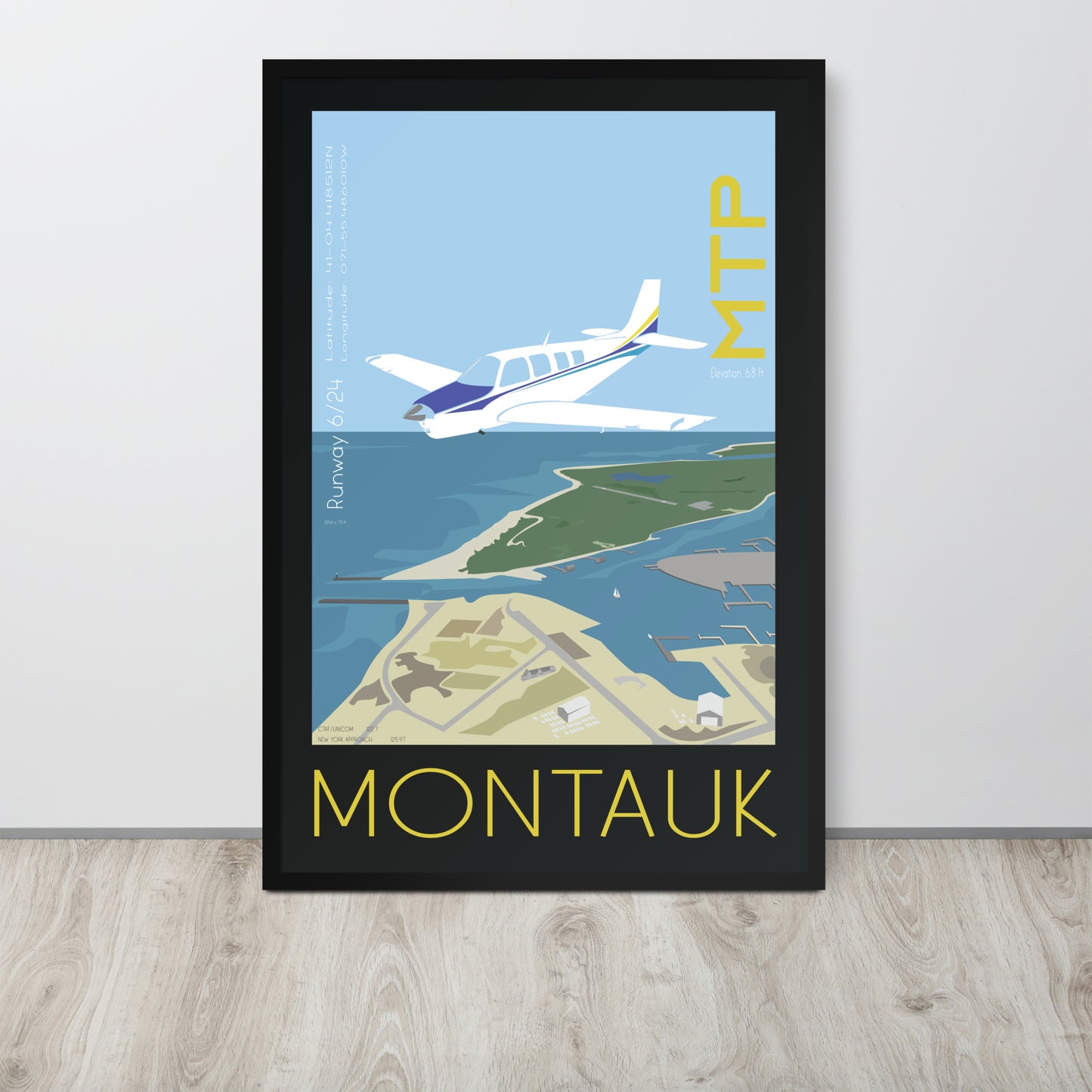 Framed poster 36x24 inch - Montauk Airport, New York - Bonanza A36 - Vintage Aviation Retro Graphic