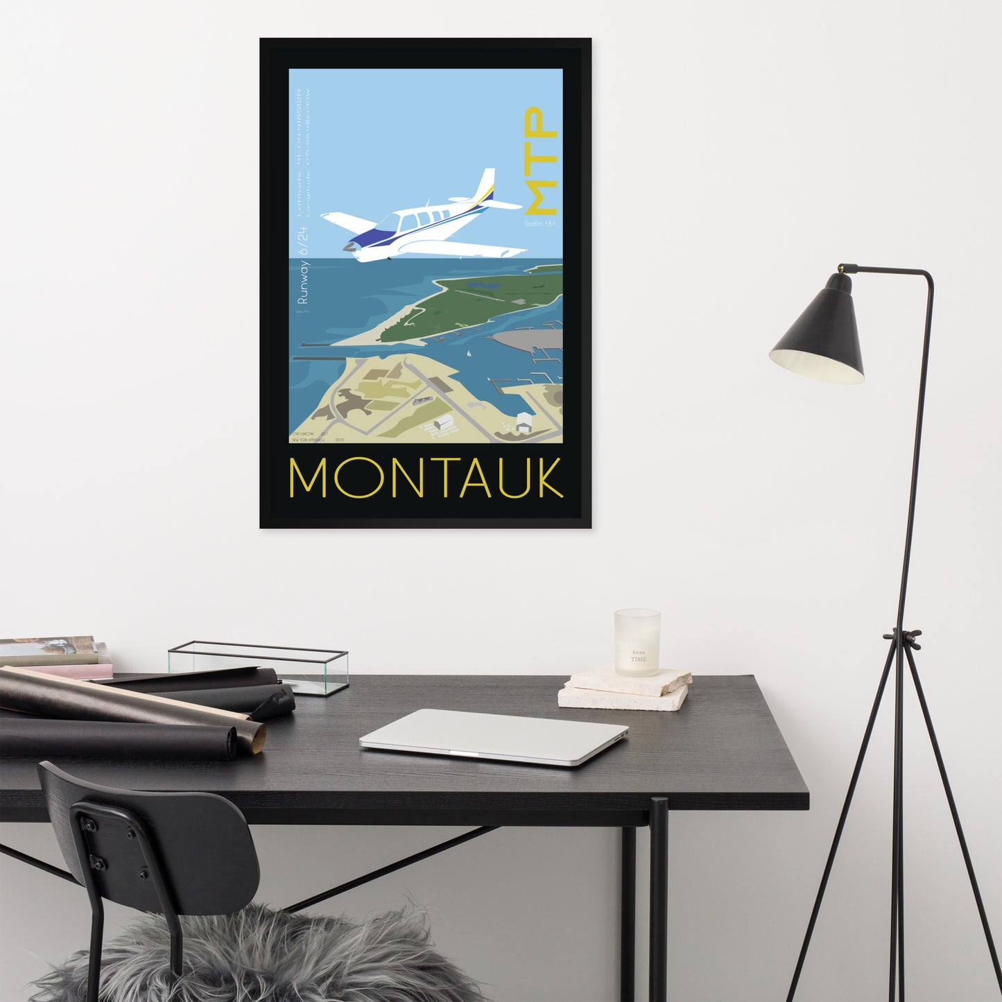 Framed poster 36x24 inch - Montauk Airport, New York - Bonanza A36 - Vintage Aviation Retro Graphic