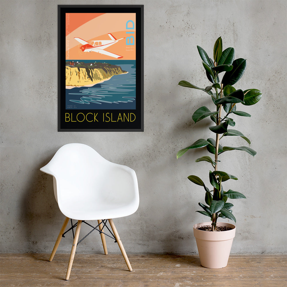 Framed poster 36x24 inch - Block Island Airport, RI  V-Tail BONANZA - Vintage Aviation Retro Graphic