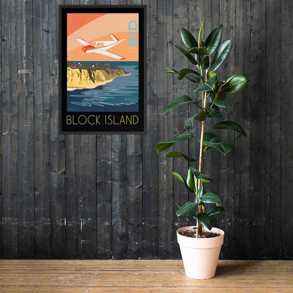 Framed poster 36x24 inch - Block Island Airport, RI  V-Tail BONANZA - Vintage Aviation Retro Graphic