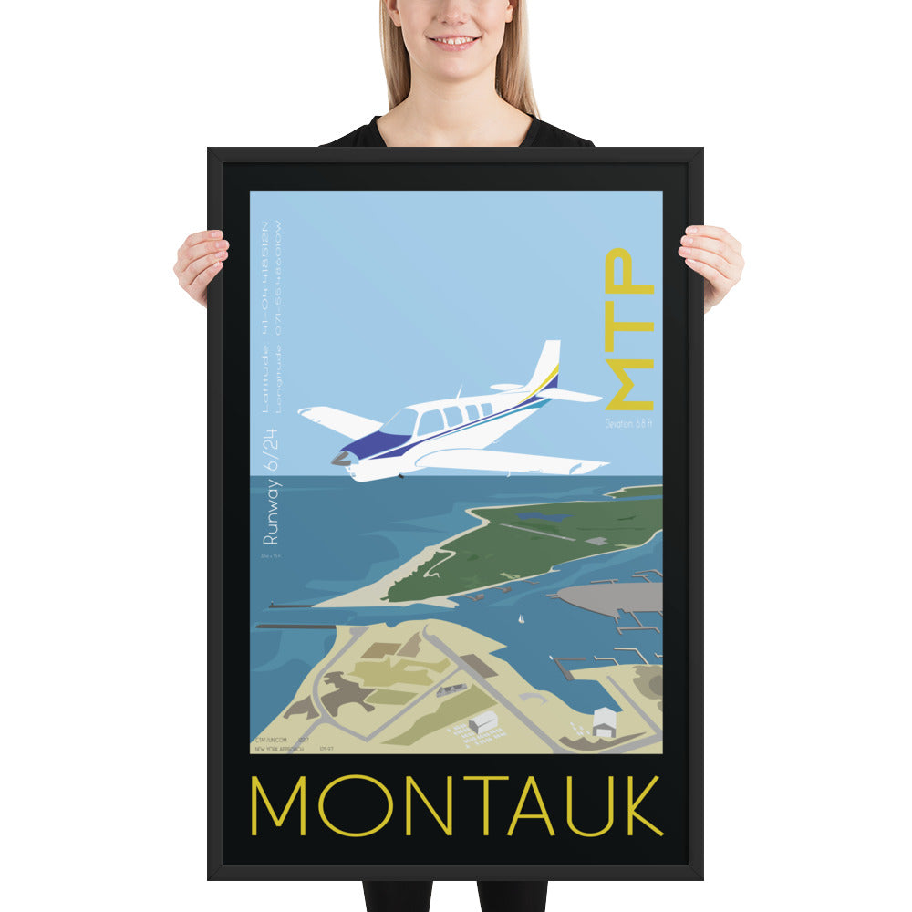 Framed poster 36x24 inch - Montauk Airport, New York - Bonanza A36 - Vintage Aviation Retro Graphic