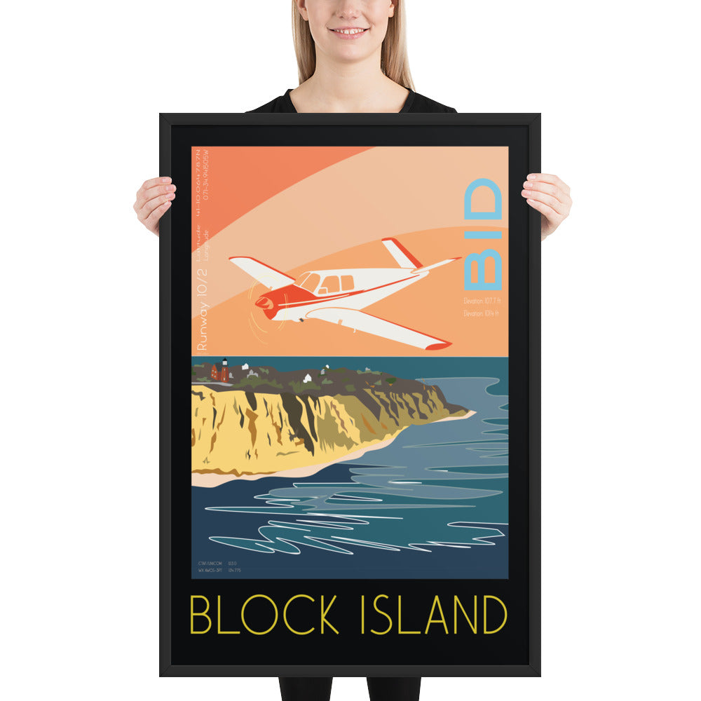 Framed poster 36x24 inch - Block Island Airport, RI  V-Tail BONANZA - Vintage Aviation Retro Graphic