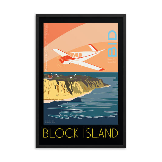 Framed poster 36x24 inch - Block Island Airport, RI  V-Tail BONANZA - Vintage Aviation Retro Graphic