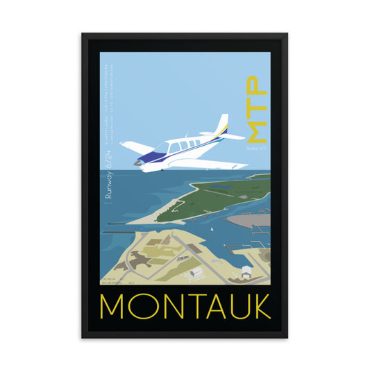 Framed poster 36x24 inch - Montauk Airport, New York - Bonanza A36 - Vintage Aviation Retro Graphic