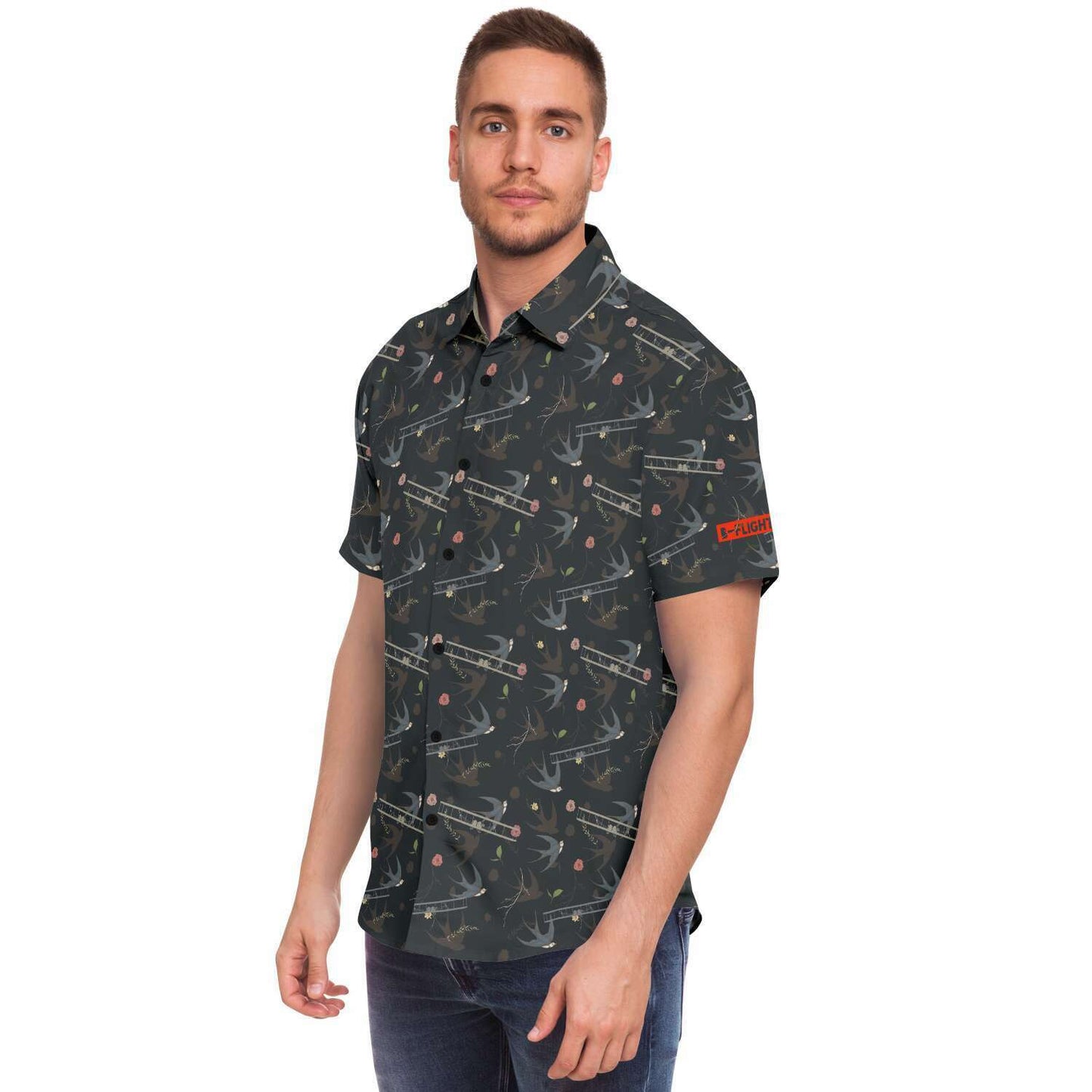 Vintage Aviation First Flight and Sparrow background all over print poplin feel- Short-sleeve button-down shirt